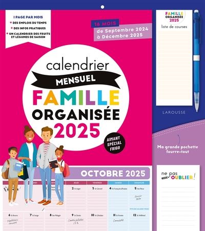 Calendrier mensuel Famille organisée 2025 : De septembre 2024 à décembre 2025